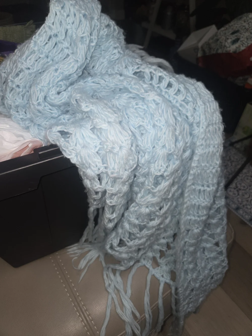 Handmade Knit Crochet Soft Triangle Shawl Turquoise Hippie Boho Large Bin O